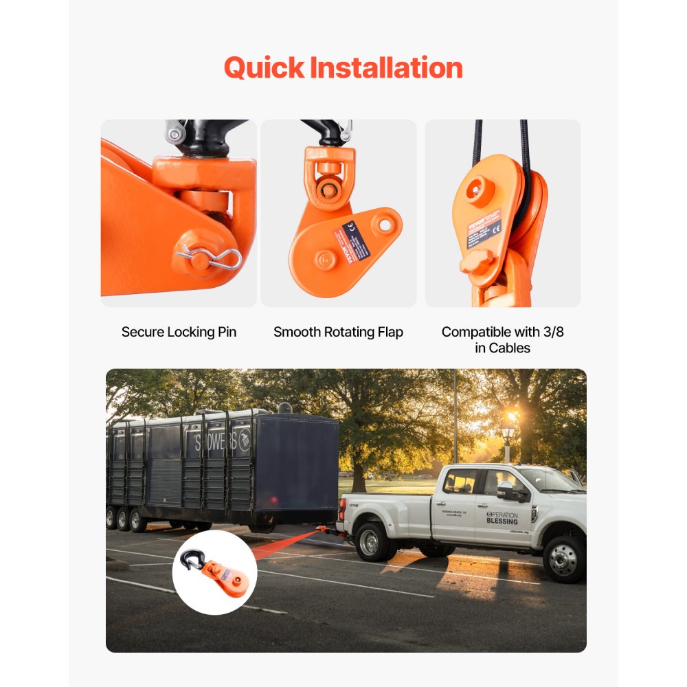 VEVOR 2 T pulley with swivel hook, forestry winch, 3/8 inch wire rope, heavy-duty cable winch, block and tackle for towing and recovery operations on tow trucks, car transport winches