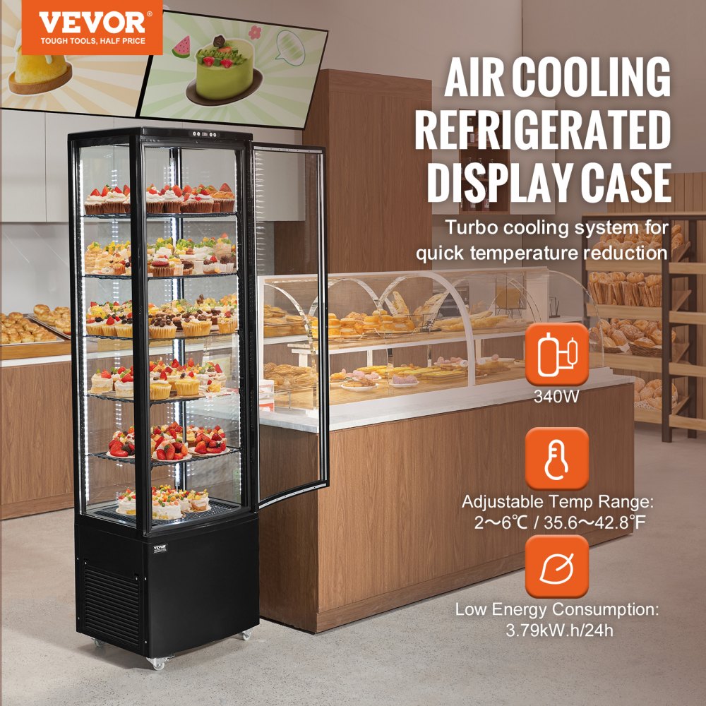 VEVOR Vitrina Refrigerada Comercial 278 L Vitrina de Pastelería de 5 Niveles Refrigerador con Iluminación LED Enfriamiento TURBO Enfriamiento por Aire Sin Escarcha, para Pasteles de Panadería