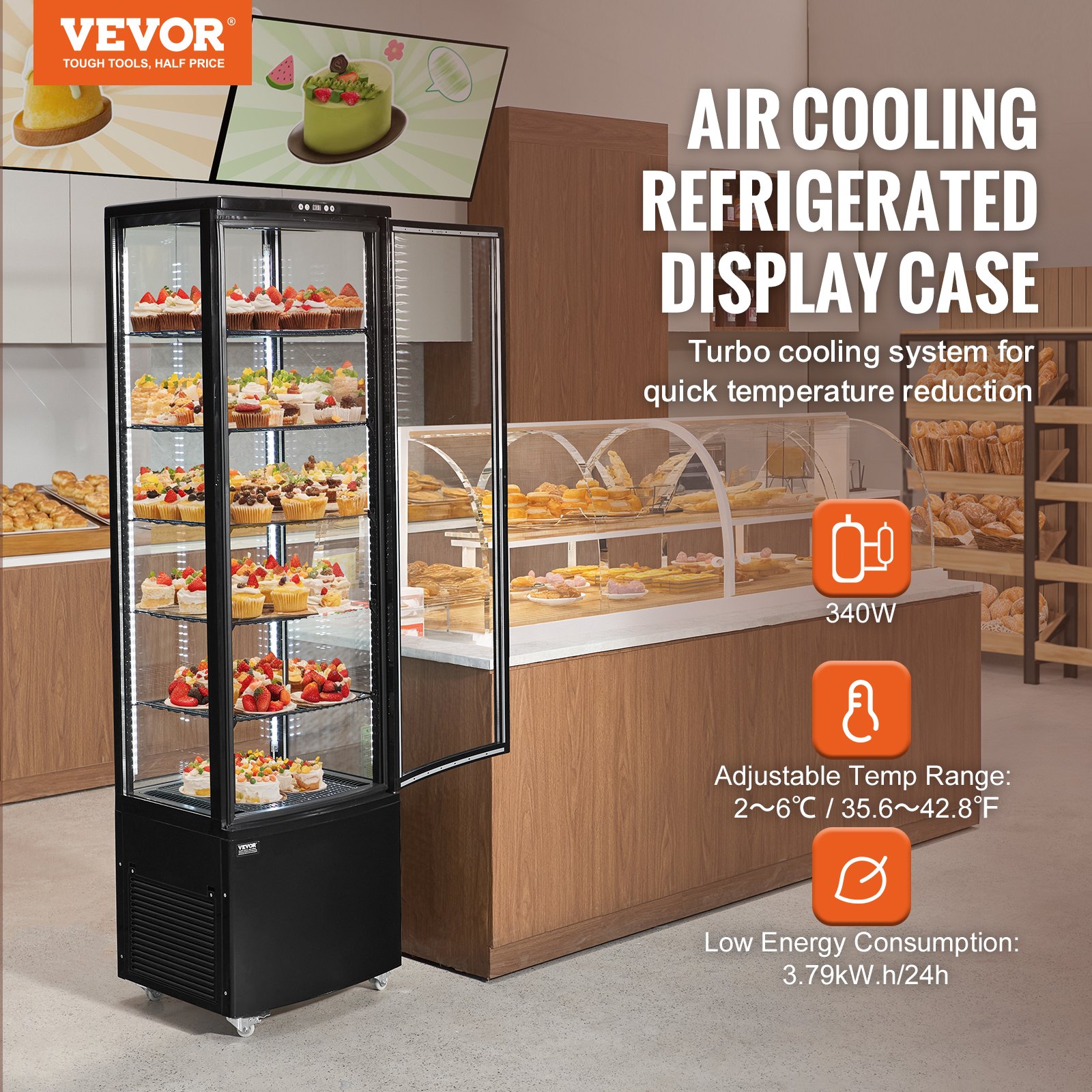 VEVOR Vitrina Refrigerada Comercial 278 L Vitrina de Pastelería de 5 Niveles Refrigerador con Iluminación LED Enfriamiento TURBO Enfriamiento por Aire Sin Escarcha, para Pasteles de Panadería