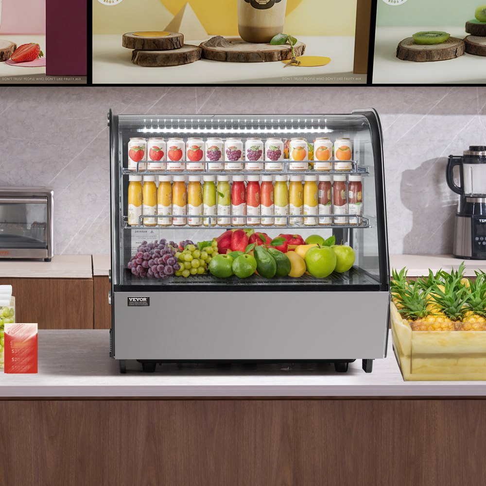 VEVOR Refrigerated Display Case, 115L, 2-Tier Commercial Refrigerated Display Cabinet with LED Lighting, Turbo Cooling, and Frost-Free Air Cooling for Cafes