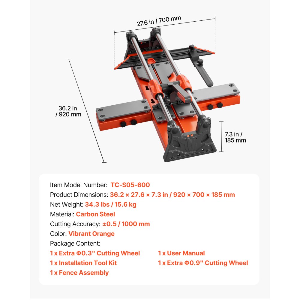 VEVOR Cortadora de Azulejos Manual 600 mm con Cabezal Deslizante Mejorado, Base con Resorte, Guía de Alineación, Corte Recto y Diagonal, Ruedas de Corte 8 y 22 mm para Baldosas Suelo Cerámica y Pared