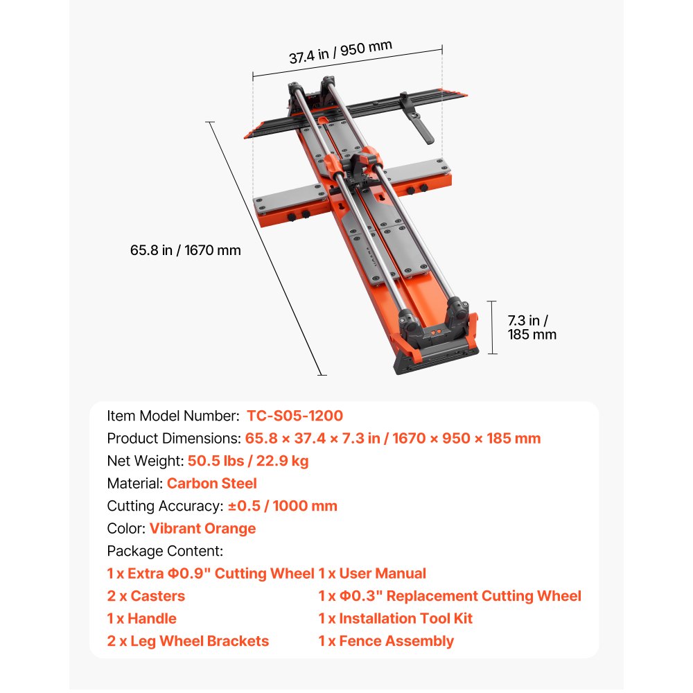VEVOR 1200 mm Manual Tile Cutter, Upgraded Sliding Head Cutting Tool with Spring-Loaded Base, Angle Fence, Tungsten Carbide Cutting Wheel, Alignment Guide, for DIY Pros, Ceramic, Floor & Wall Tiles