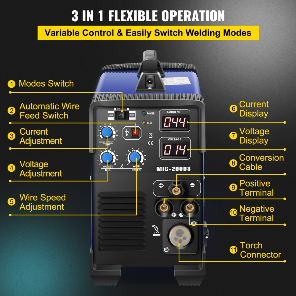 VEVOR Soldadora Inversora, Multifunción Combo 3 en 1 Soldadora MIG, TIG y STICK / MMA, 1 Fase 220 V ± 10% 30 - 120A IP21S Máquina de Soldadura TIG Inverter con Panel de Monitor LCD para Soldar Acero