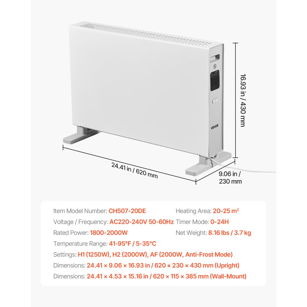 VEVOR Calefactor de Convección de 2000 W, con Vector Eléctrico y Control Remoto, 3 Modos de Calefacción, Temporizador de 24 Horas, de Pie o de Pared, Protección contra Sobrecalentamiento, Blanco
