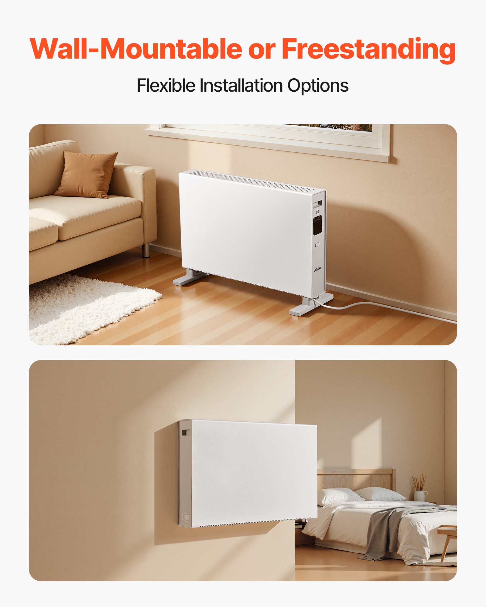 VEVOR Calefactor de Convección de 2000 W, con Vector Eléctrico y Control Remoto, 3 Modos de Calefacción, Temporizador de 24 Horas, de Pie o de Pared, Protección contra Sobrecalentamiento, Blanco