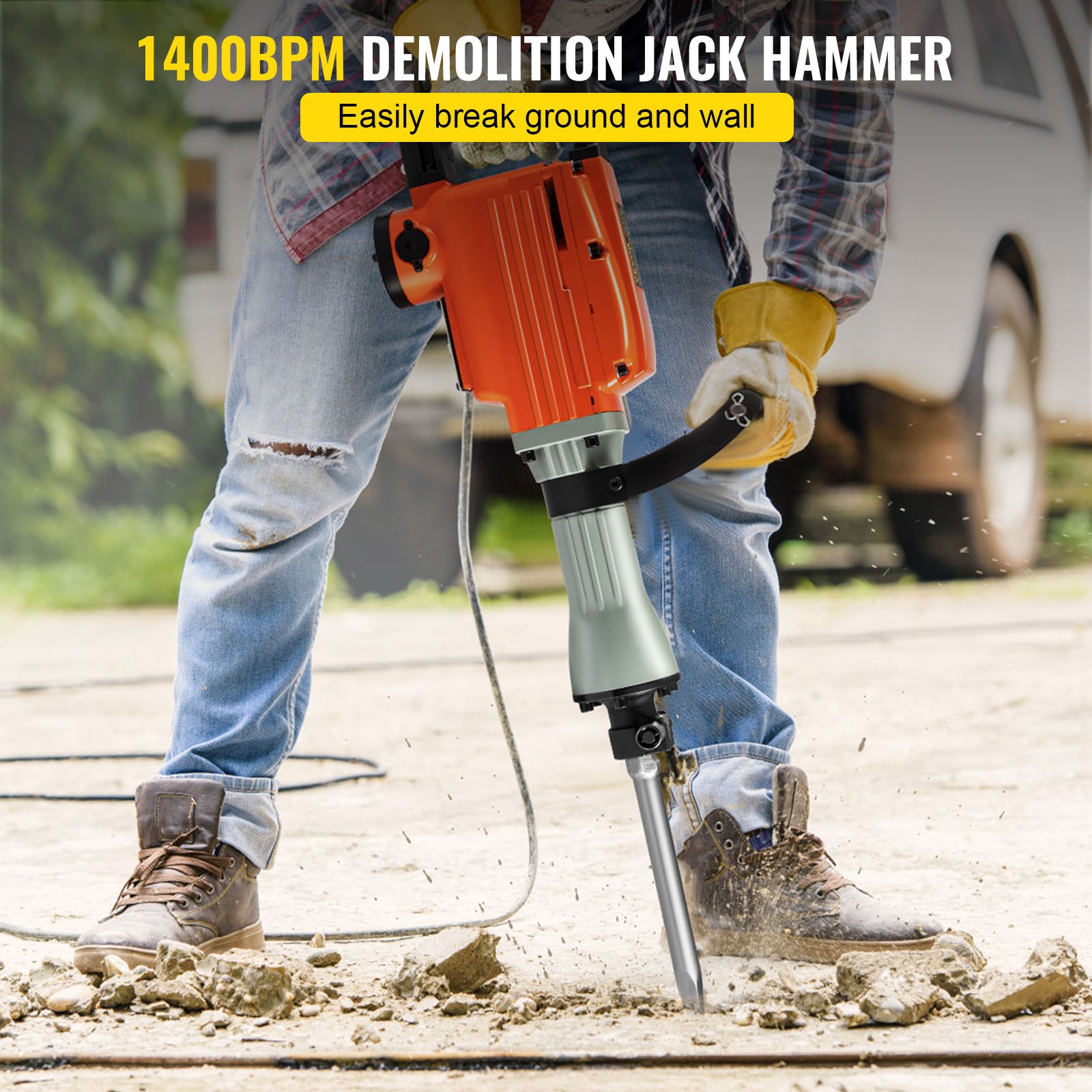 VEVOR Martillo Demoledor Eléctrico 1400 BPM Martillo de Demolición 2200W 220V / 60Hz Martillo de Demolición para Hormigón con 4 Cinceles Reemplazables Llaves y Mango Ergonómico Giratorio de 360°