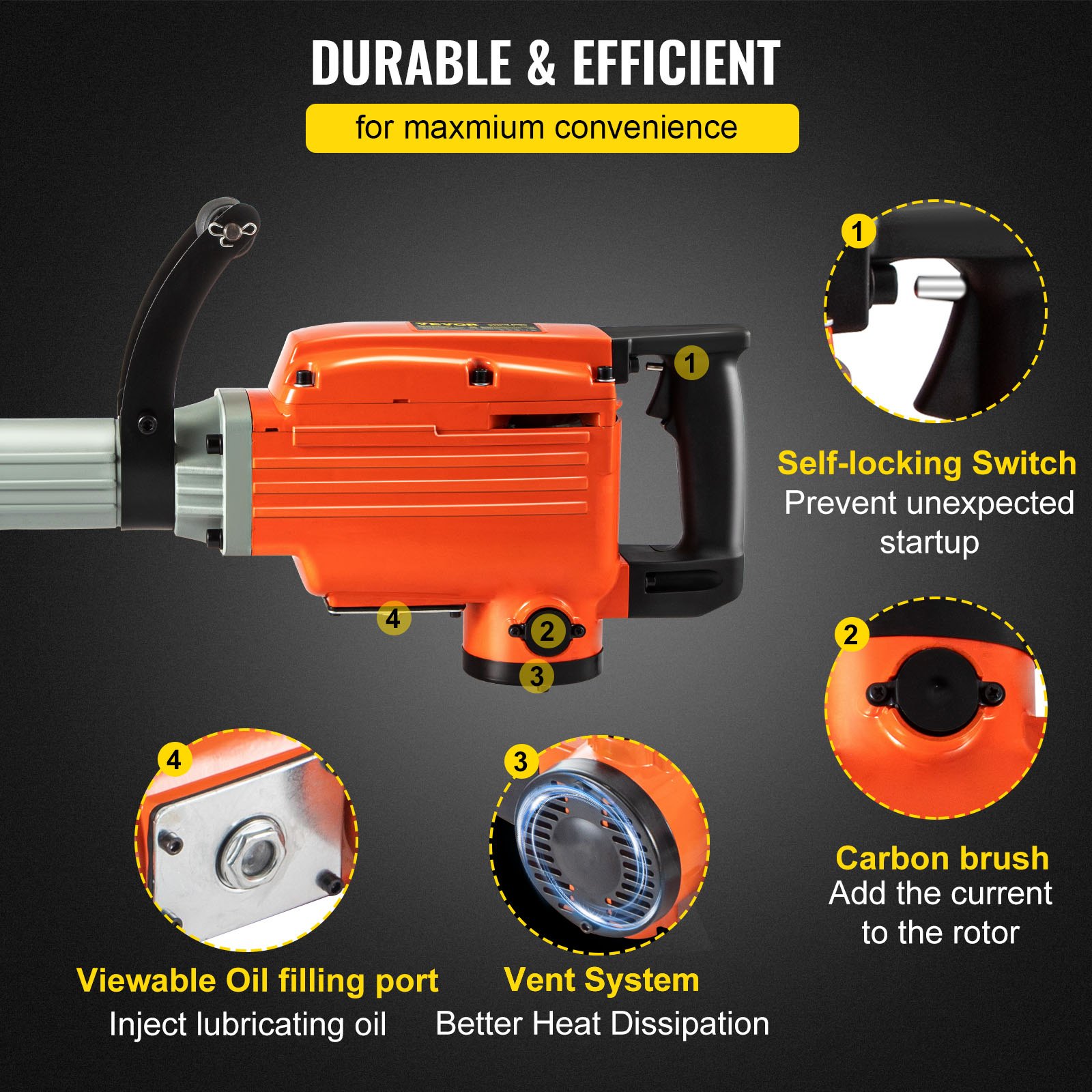 VEVOR Martillo Demoledor Eléctrico 1400 BPM Martillo de Demolición 2200W 220V / 60Hz Martillo de Demolición para Hormigón con 4 Cinceles Reemplazables Llaves y Mango Ergonómico Giratorio de 360°