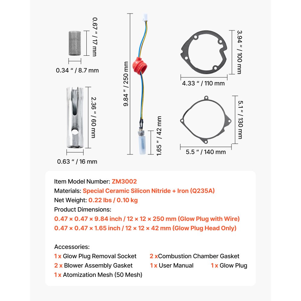 VEVOR Kit de Reparación de Bujías Incandescentes, para Calentador Diésel, con Malla Atomizadora, Compatible con Calentadores de Estacionamiento de 5 kW/8 kW, para Coche, Camión y Barco, 4 Juntas