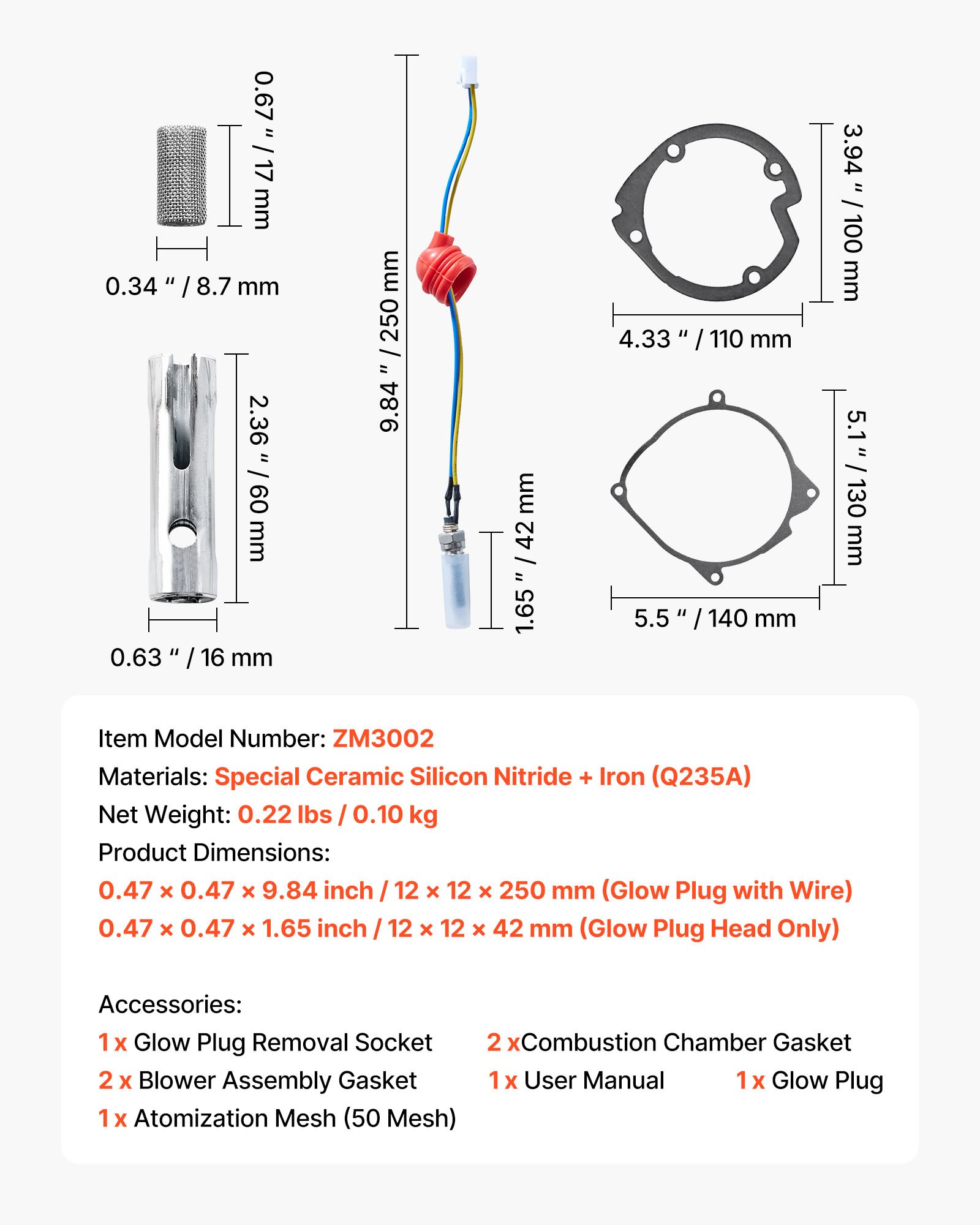 VEVOR Kit de Reparación de Bujías Incandescentes, para Calentador Diésel, con Malla Atomizadora, Compatible con Calentadores de Estacionamiento de 5 kW/8 kW, para Coche, Camión y Barco, 4 Juntas