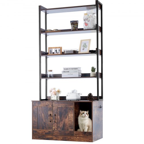 VEVOR Muebles de Baño Oculto para Gatos 85 x 49 x 183,6 cm Casa de Inodoro para Gatos con 4 Estantes de Almacenamiento Armario de Madera para Ocultar las Cajas de Arena para Gatos, Marrón Oscuro