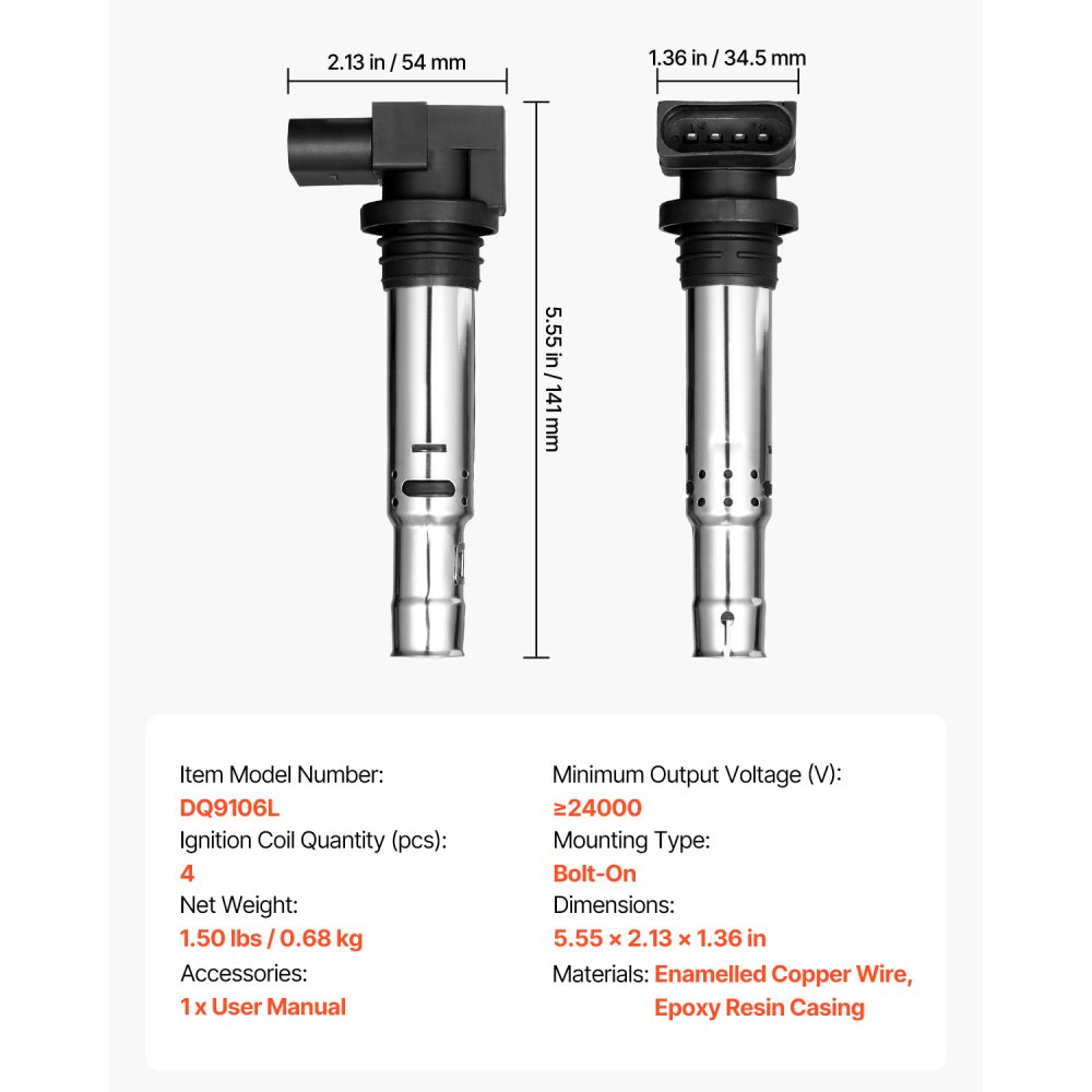 VEVOR Bobina de Encendido 4 uds, con Audi A1, A3, Seat Alhambra, Altea, Córdoba, Ibiza, León, Toledo, Volkswagen Golf, Polo, Tiguan, Vento, Audi 1.4 T, 1.8 T, 1.6 L y Volkswagen 1.4 L y 1.6 L