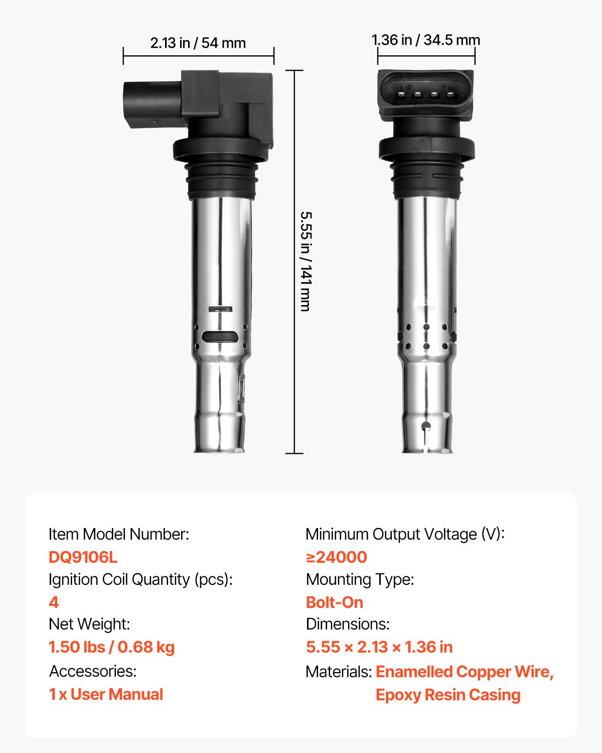 VEVOR Bobina de Encendido 4 uds, con Audi A1, A3, Seat Alhambra, Altea, Córdoba, Ibiza, León, Toledo, Volkswagen Golf, Polo, Tiguan, Vento, Audi 1.4 T, 1.8 T, 1.6 L y Volkswagen 1.4 L y 1.6 L