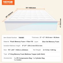 VEVOR Sobrecolchón de Espuma Viscoelástica y Relleno de Fibra 101,6 mm de Grosor