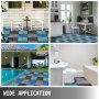 Azulejos de cubierta VEVOR en azul, verde y gris, utilizados en varios espacios interiores y exteriores.