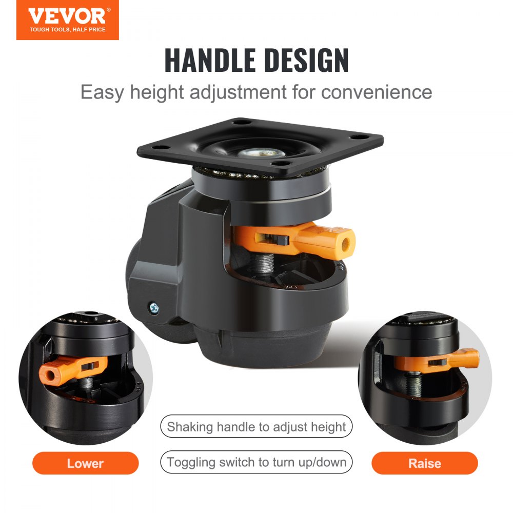 VEVOR Ruedas Giratorias para Muebles Juego de 4 Ruedas Niveladoras Capacidad de Carga Total 1000 kg Diámetro 63,5 mm Mango Mejorado Ruedas Ajustables 360° con Pies para Bancos de Trabajo, Máquinas