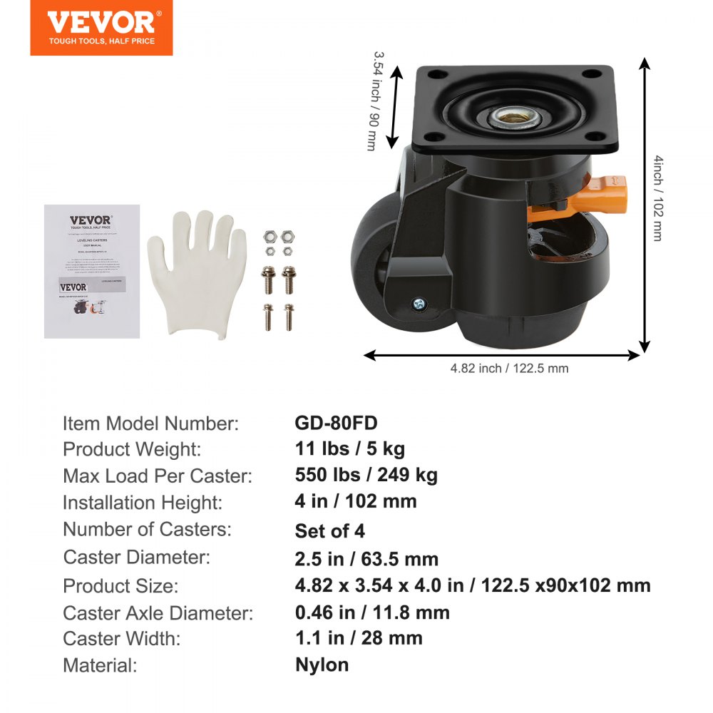 VEVOR Ruedas Giratorias para Muebles Juego de 4 Ruedas Niveladoras Capacidad de Carga Total 1000 kg Diámetro 63,5 mm Mango Mejorado Ruedas Ajustables 360° con Pies para Bancos de Trabajo, Máquinas