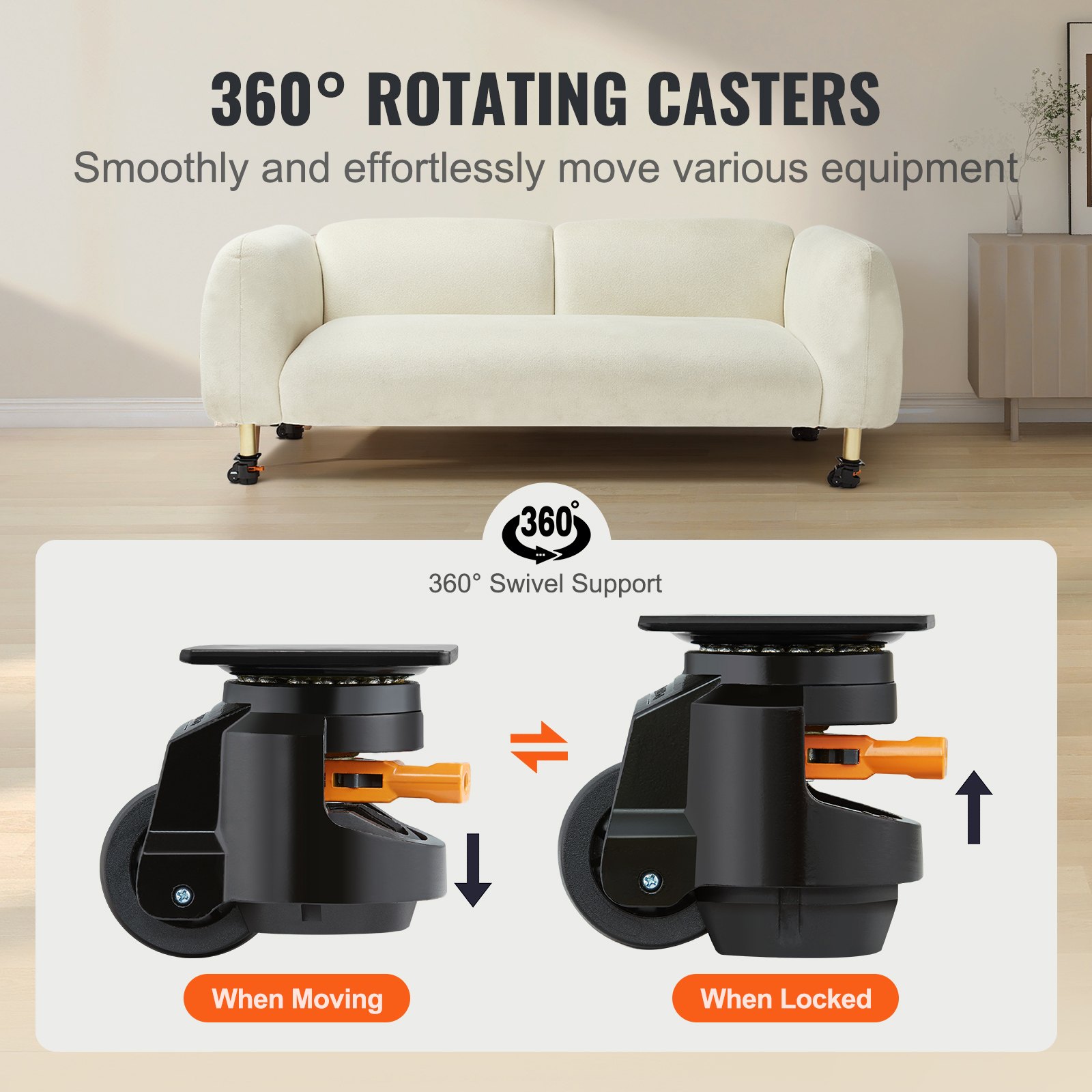 VEVOR Ruedas Giratorias para Muebles Juego de 4 Ruedas Niveladoras Capacidad de Carga Total 1000 kg Diámetro 63,5 mm Mango Mejorado Ruedas Ajustables 360° con Pies para Bancos de Trabajo, Máquinas