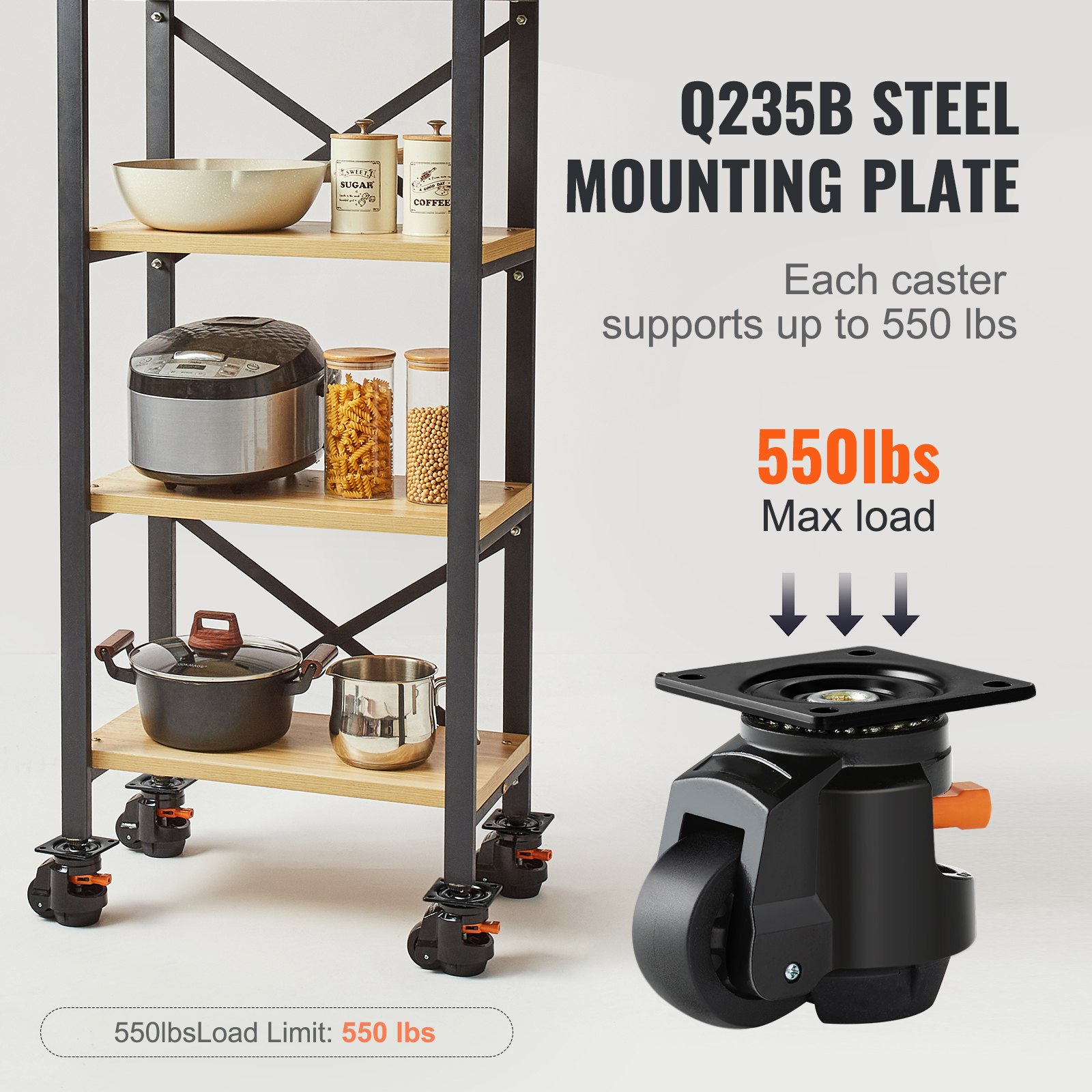 VEVOR Ruedas Giratorias para Muebles Juego de 4 Ruedas Niveladoras Capacidad de Carga Total 1000 kg Diámetro 63,5 mm Mango Mejorado Ruedas Ajustables 360° con Pies para Bancos de Trabajo, Máquinas
