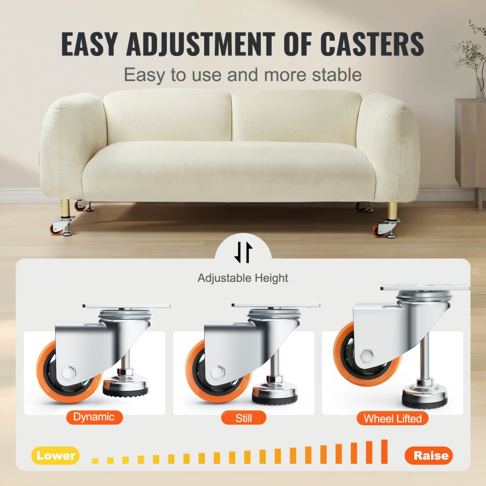 VEVOR Ruedas niveladoras, juego de 4, capacidad de carga total de 720 libras, 3 pulgadas de diámetro, ruedas giratorias de 360 ​​grados, ruedas ajustables con pies para banco de trabajo, máquina, equi