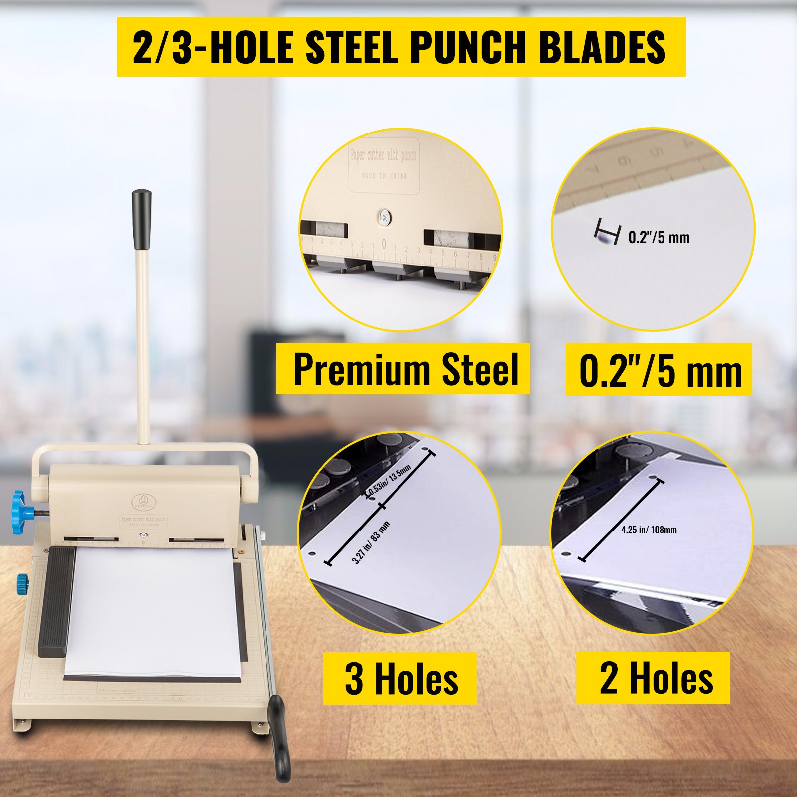 VEVOR Perforadora de Papel 2/3 Orificios Perforadora de Gruesos y Esfuerzo Capacidad de 160 Hojas Diámetro 5 mm Perforadora de Agujeros 31x40x19 cm con Cuerpo de Metal y Taladro de Acero para Oficinas