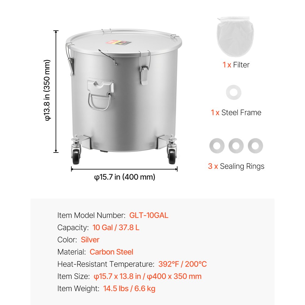 VEVOR Recolector de grasa y aceite usado sobre ruedas, 37,8 L, recipiente de aceite de acero al carbono para freidora, recipiente de aceite con tapa, pinzas de bloqueo, bolsa de filtro
