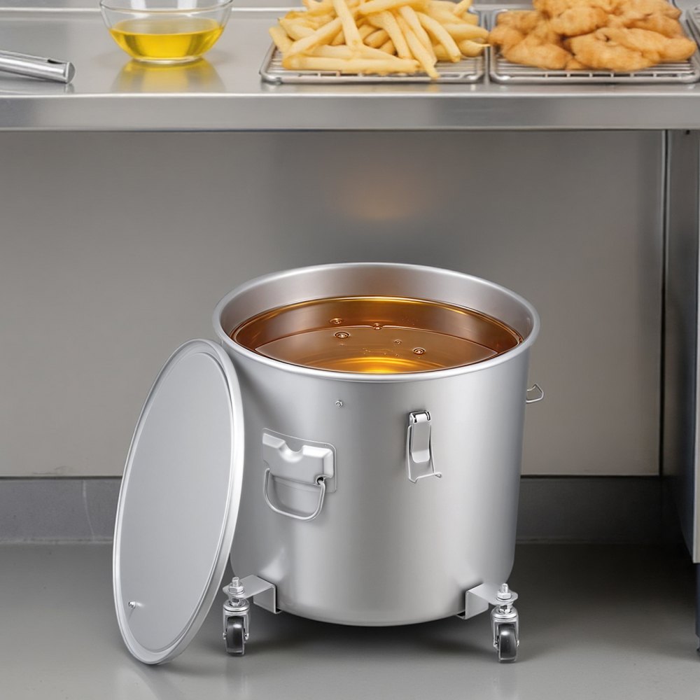 VEVOR Recolector de grasa y aceite usado sobre ruedas, 37,8 L, recipiente de aceite de acero al carbono para freidora, recipiente de aceite con tapa, pinzas de bloqueo, bolsa de filtro