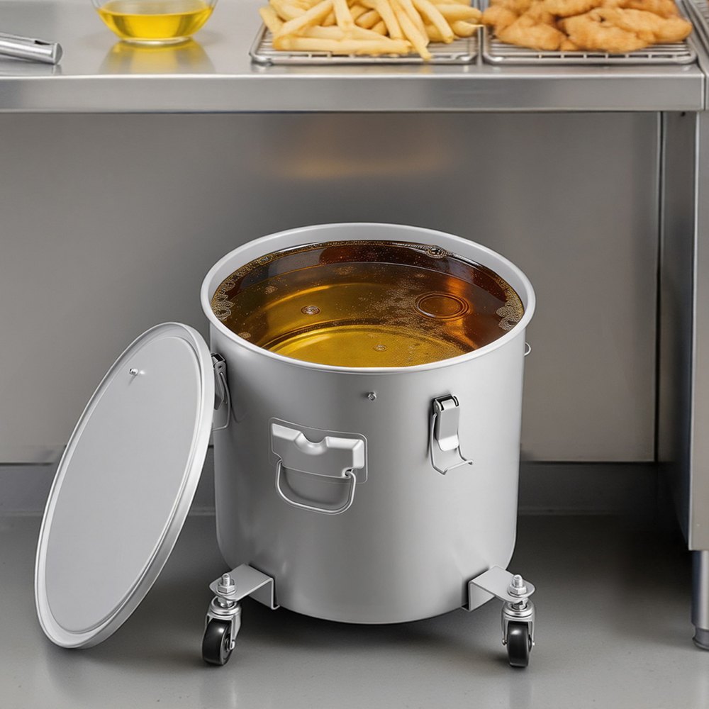 VEVOR Recolector de aceite y grasa usados ​​sobre ruedas 30L, Tambor de recolección de aceite para freidora de acero al carbono, Depósito de aceite con tapa, Clips de bloqueo, Bolsa de filtro, Gris