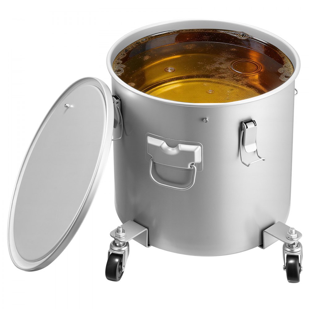 VEVOR Recolector de aceite y grasa usados ​​sobre ruedas 30L, Tambor de recolección de aceite para freidora de acero al carbono, Depósito de aceite con tapa, Clips de bloqueo, Bolsa de filtro, Gris