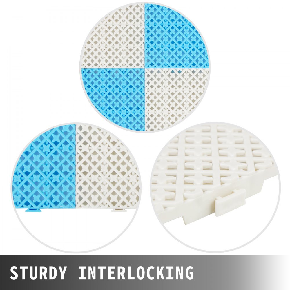 Baldosas de drenaje VEVOR: baldosas resistentes y entrelazadas de color blanco y azul con diseño de estrellas.