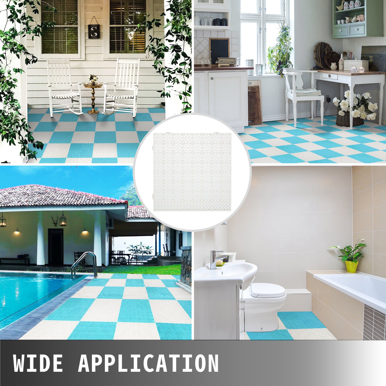 Azulejos de drenaje VEVOR utilizados en porches, cocinas, piscinas y baños. Amplia aplicación.