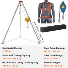 VEVOR Kit de trípode para espacios confinados, trípode de rescate de 1800 lbs, patas de 1,34 a 2,15 m, cable de 30 m, protección contra caídas de 32,8', arnés, bolsa de almacenamiento