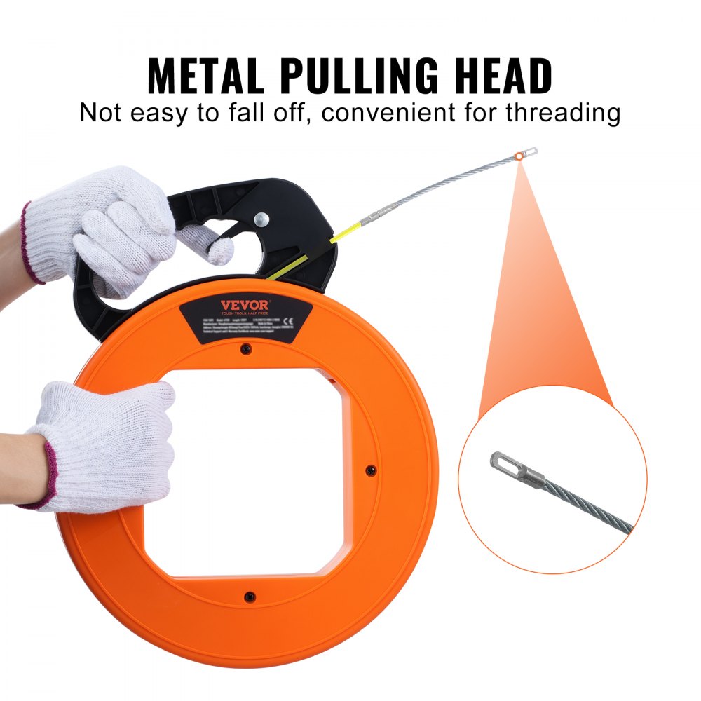 VEVOR Cable Pulling Aid, 30.5 mx 4.2 mm, Fiberglass Wire Puller with Optimized Housing and Handle, User-Friendly Cable Pulling Tool, Pulling Spiral for Wall & Electrical Cables, Non-Conductive