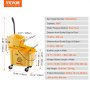 Balde para trapeador VEVOR amarillo con escurridor, presión lateral, capacidad de 26 qt, dimensiones y especificaciones etiquetadas.