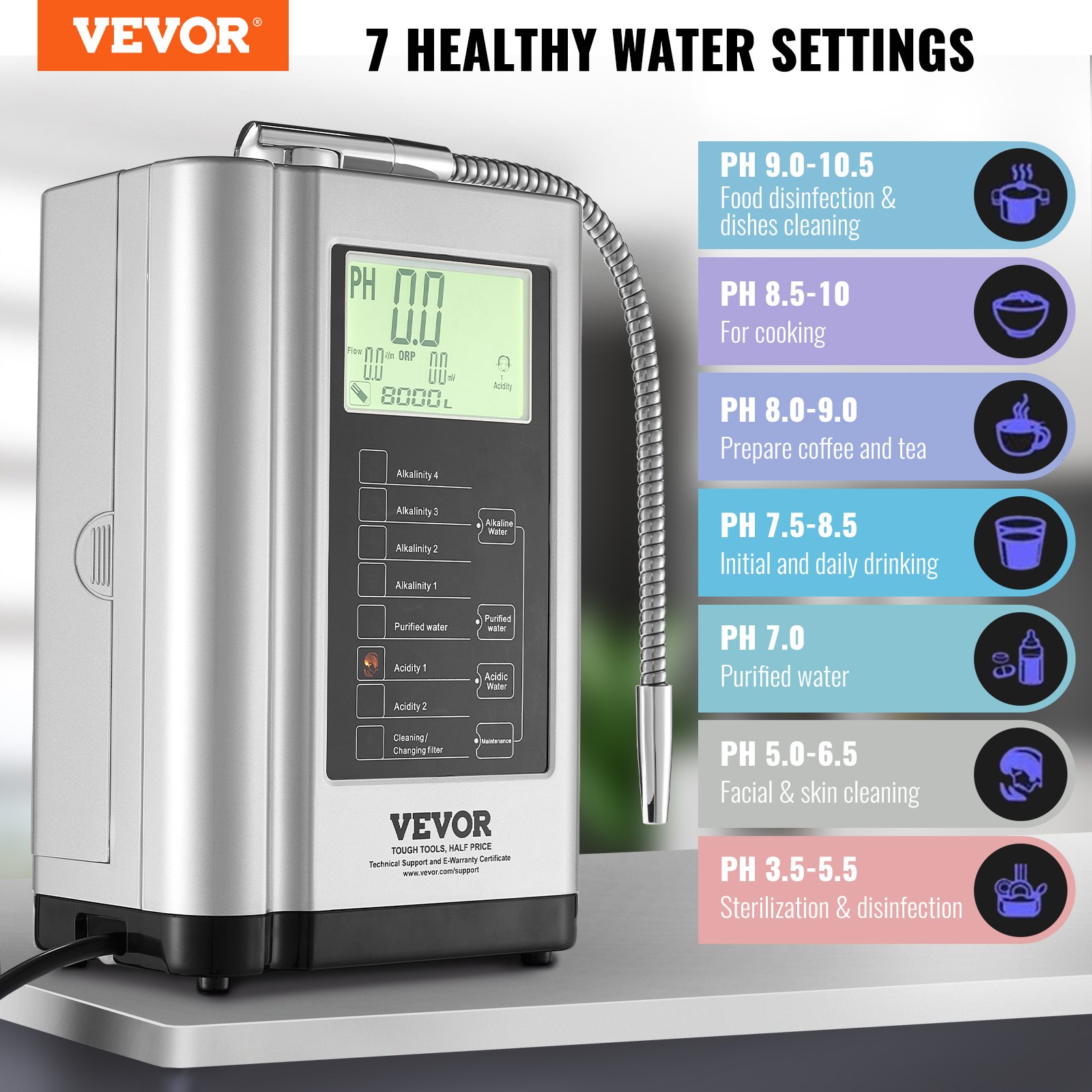 VEVOR Alkaline Acid Water Machine, pH 3.5-10.5, 7 Modes, Home Alkaline Water Filter, +500-650 mV Water Ionizer, Water Filter Machine, 8000 L Water Filter, Household Purifying Machine, Silver