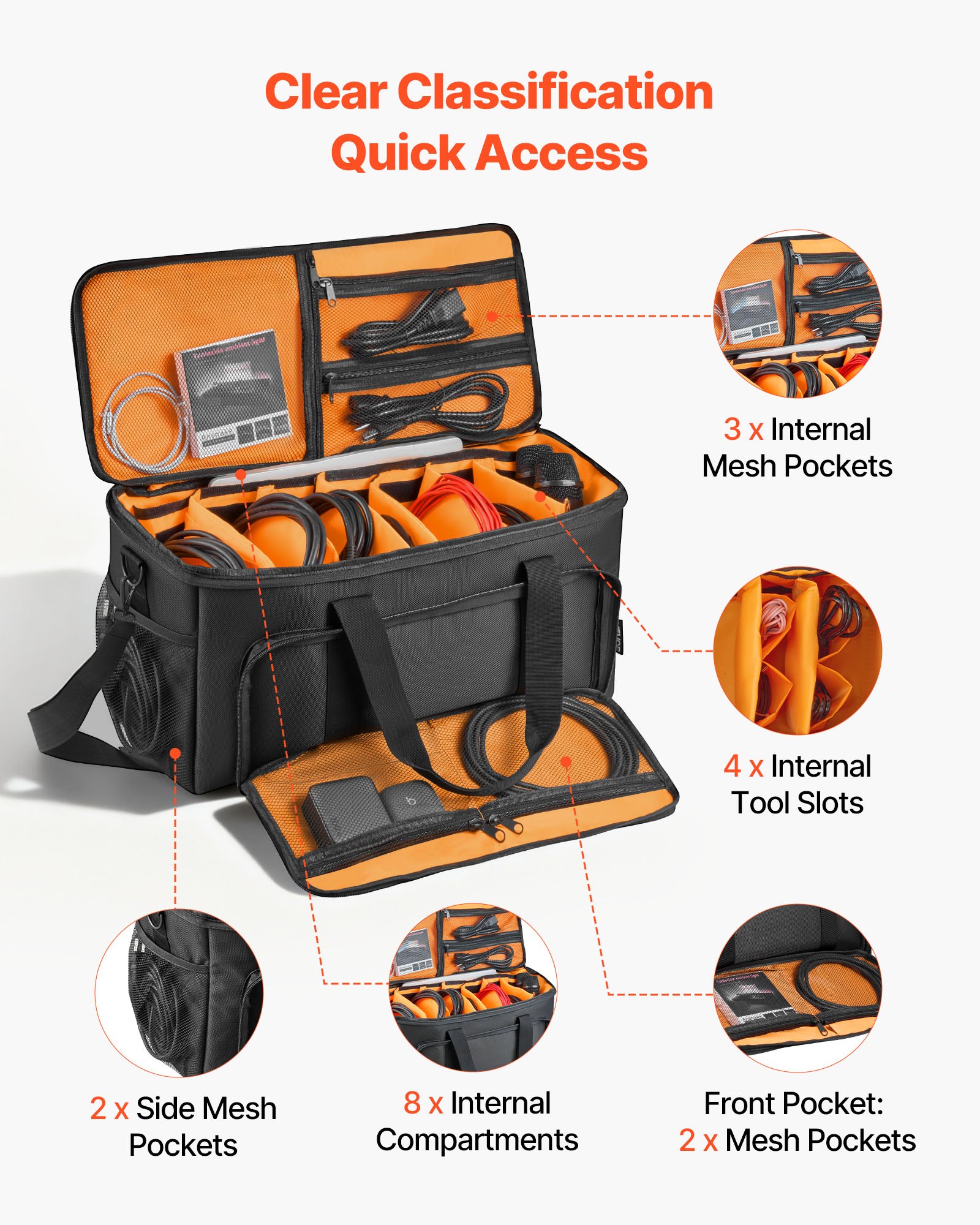 VEVOR Bolsa para DJ con Ruedas 50 x 24 x 26 cm, Bolsa de Viaje para Cables 1680D Acolchada con 6 Divisores Desmontables, Impermeable, Resistente al Desgaste para Accesorios Equipos de Sonido Músicos
