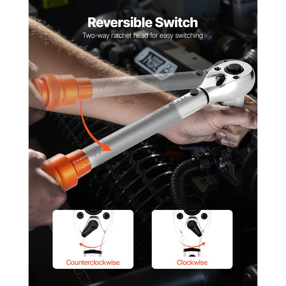 VEVOR Juego de Llaves Dinamométricas de Clic Accionamiento de 3/8" 5-60 Nm Bidireccional 72 Dientes con Vasos, Puntas, Barra de Extensión, Vasos para Bujías y Adaptador ±3 % de Precisión Naranja
