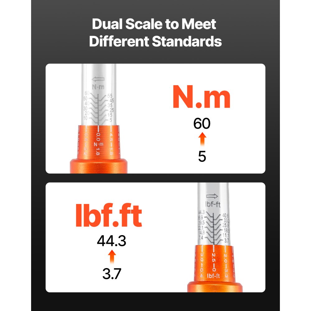 VEVOR Juego de Llaves Dinamométricas de Clic Accionamiento de 3/8" 5-60 Nm Bidireccional 72 Dientes con Vasos, Puntas, Barra de Extensión, Vasos para Bujías y Adaptador ±3 % de Precisión Naranja