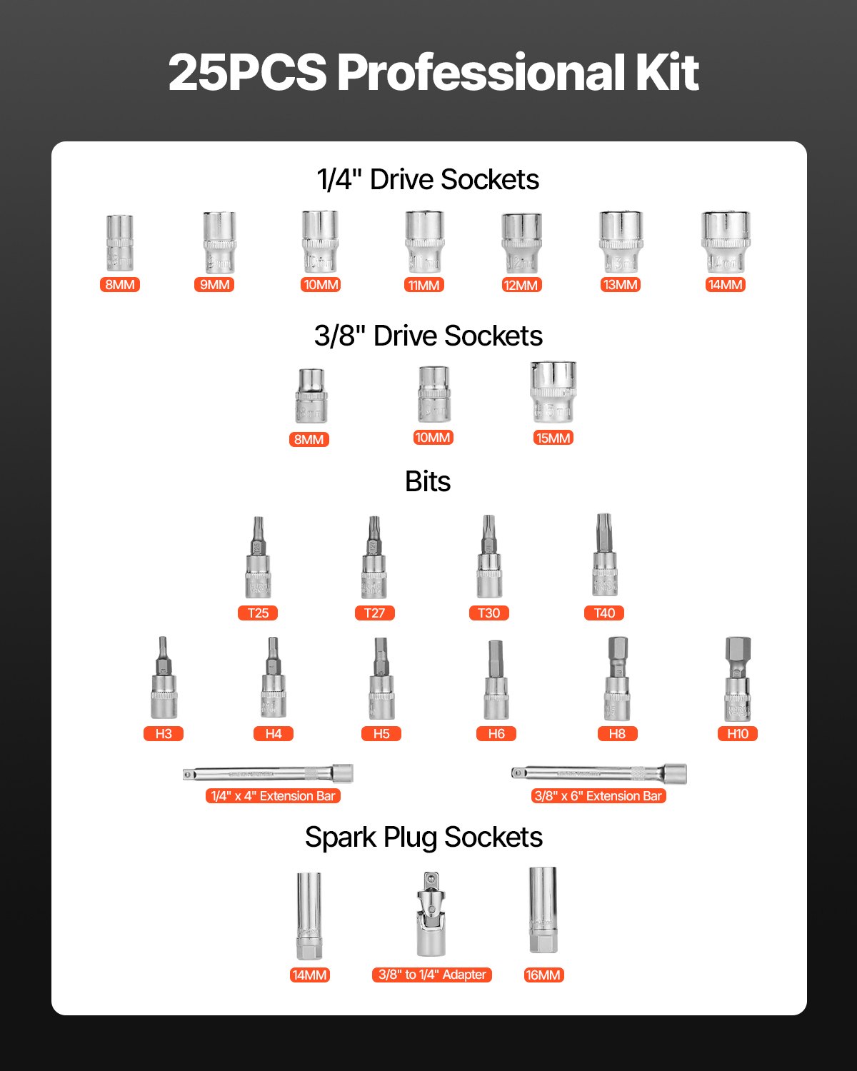 VEVOR Juego de Llaves Dinamométricas de Clic Accionamiento de 3/8" 5-60 Nm Bidireccional 72 Dientes con Vasos, Puntas, Barra de Extensión, Vasos para Bujías y Adaptador ±3 % de Precisión Naranja