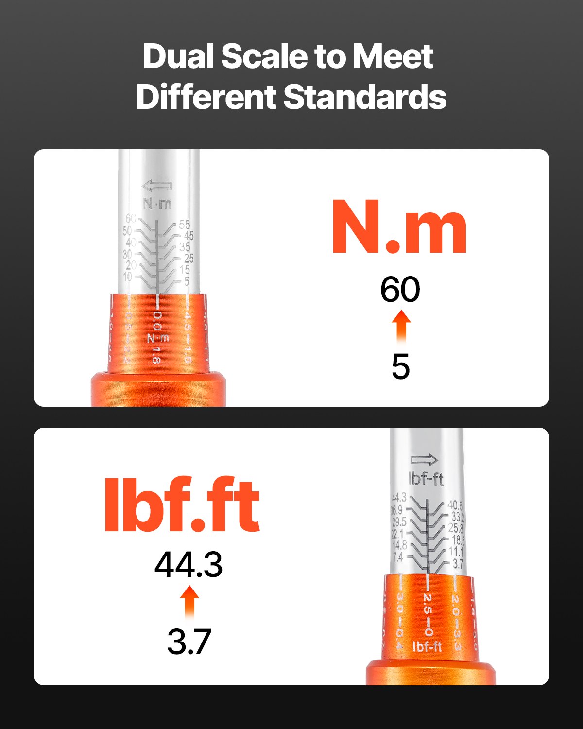 VEVOR Juego de Llaves Dinamométricas de Clic Accionamiento de 3/8" 5-60 Nm Bidireccional 72 Dientes con Vasos, Puntas, Barra de Extensión, Vasos para Bujías y Adaptador ±3 % de Precisión Naranja