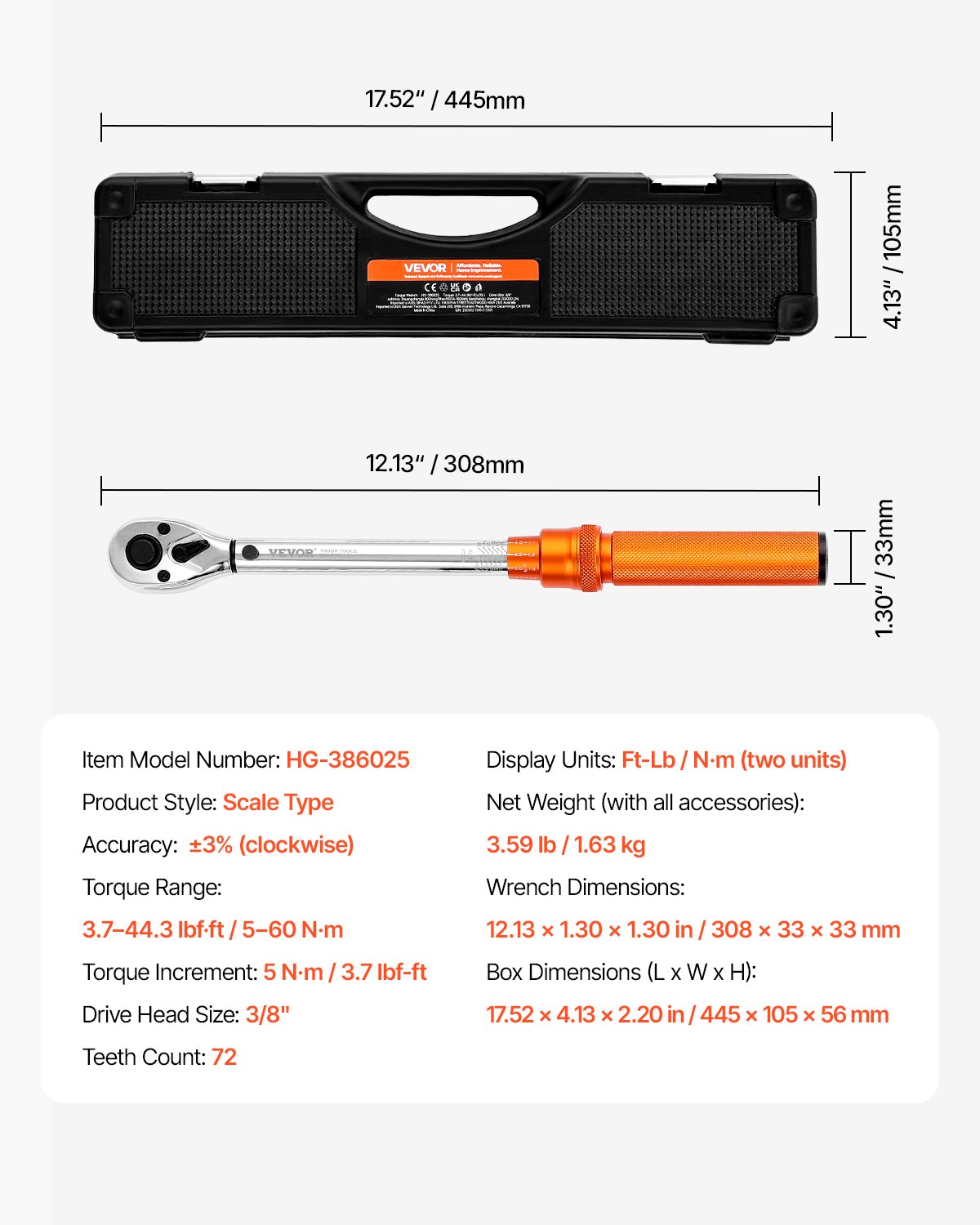 VEVOR Juego de Llaves Dinamométricas de Clic Accionamiento de 3/8" 5-60 Nm Bidireccional 72 Dientes con Vasos, Puntas, Barra de Extensión, Vasos para Bujías y Adaptador ±3 % de Precisión Naranja