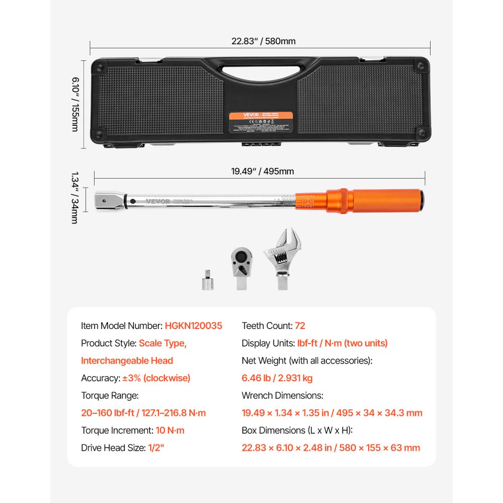 VEVOR Click Torque Wrench Set (Adjustable) with 1/2 Inch Drive 271-216.8 Nm, Two-Way Torque Wrench Set with Dual-Range Scales, 72 Teeth ±3% High Precision for Car Repair