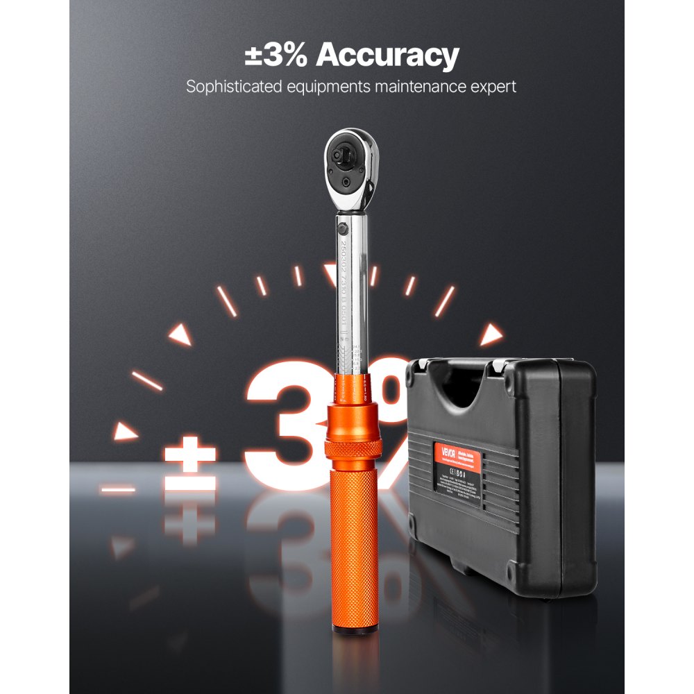 VEVOR Juego de Llaves Dinamométricas de Clic Accionamiento de 1/4" 2,3-27,1 Nm 72 Dientes Escalas de Doble Dirección y Doble Rango con Puntas, Vasos, Adaptadores y Barra de Extensión, Naranja