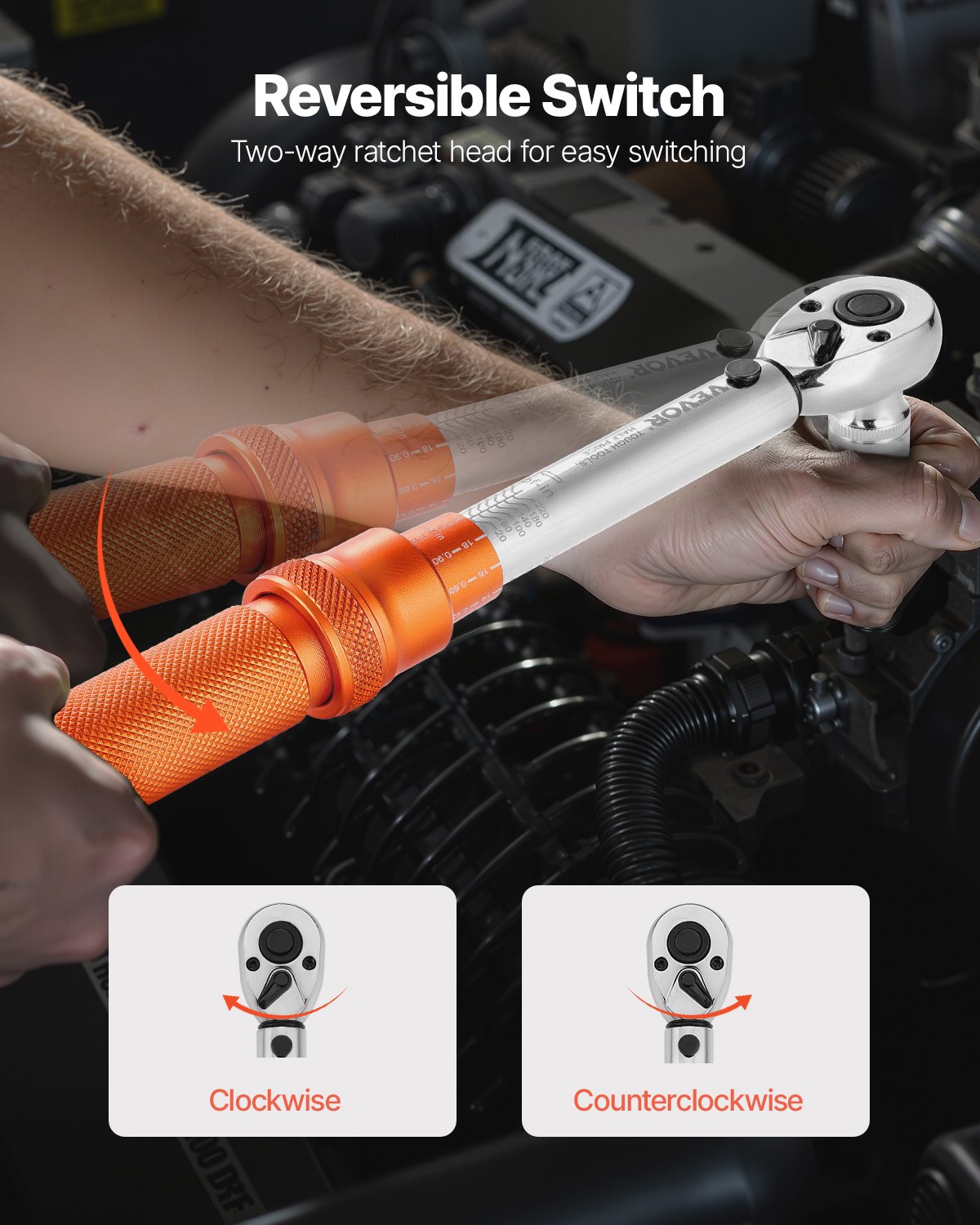 VEVOR Click Torque Wrench with 1/4 Inch Drive 2.3-27.1 Nm, Two-Way Torque Wrench with Extension Rods & Drill, 72 Teeth ±3% High Precision for Car Repair Orange