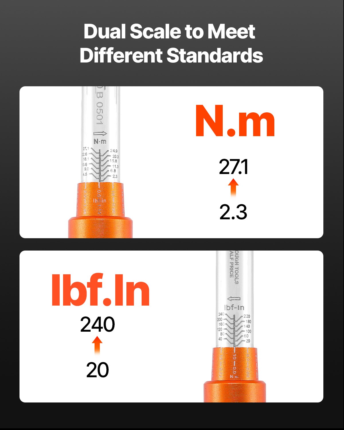 VEVOR Juego de Llaves Dinamométricas de Clic Accionamiento de 1/4" 2,3-27,1 Nm 72 Dientes Escalas de Doble Dirección y Doble Rango con Puntas, Vasos, Adaptadores y Barra de Extensión, Naranja