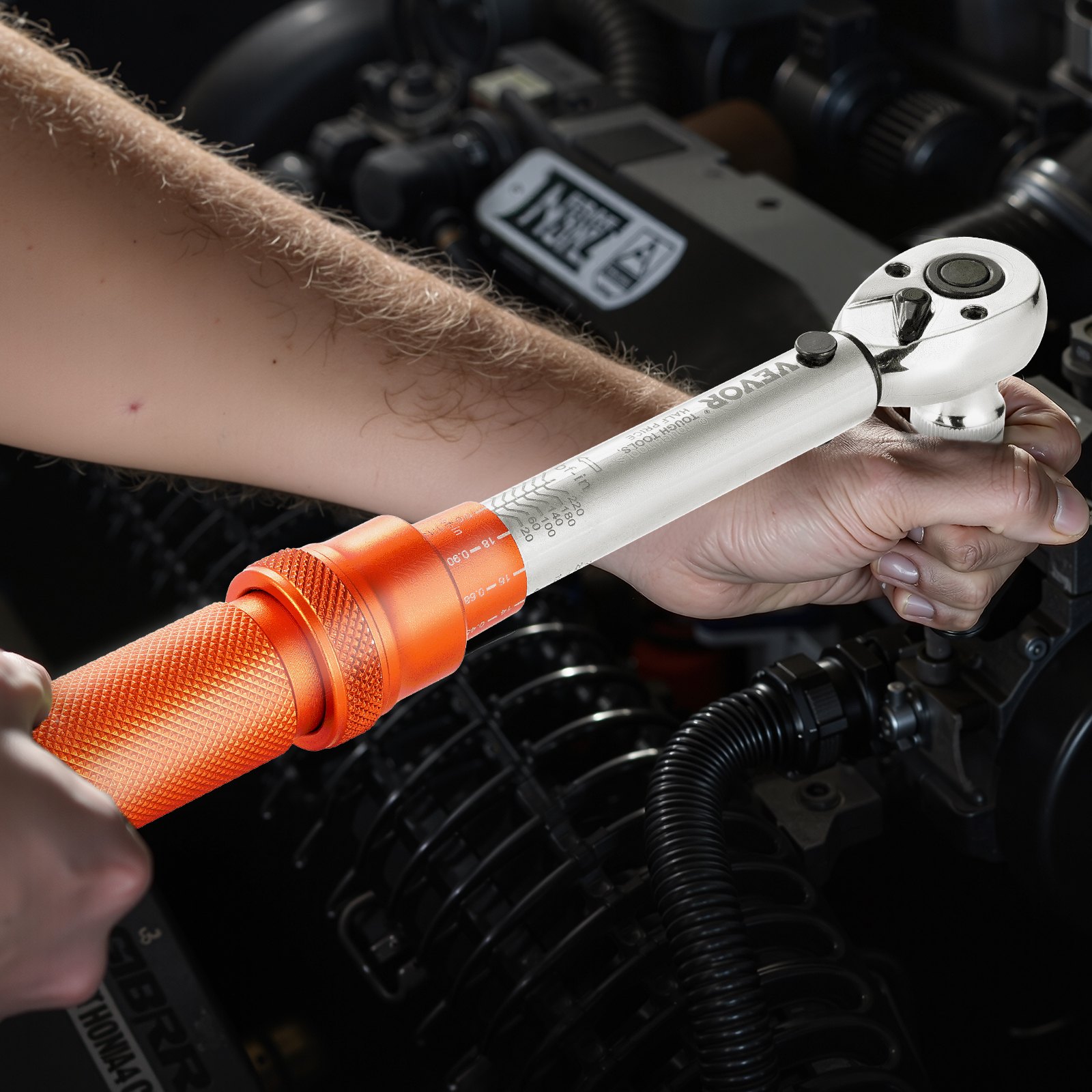 VEVOR Juego de Llaves Dinamométricas de Clic Accionamiento de 1/4" 2,3-27,1 Nm 72 Dientes Escalas de Doble Dirección y Doble Rango con Puntas, Vasos, Adaptadores y Barra de Extensión, Naranja