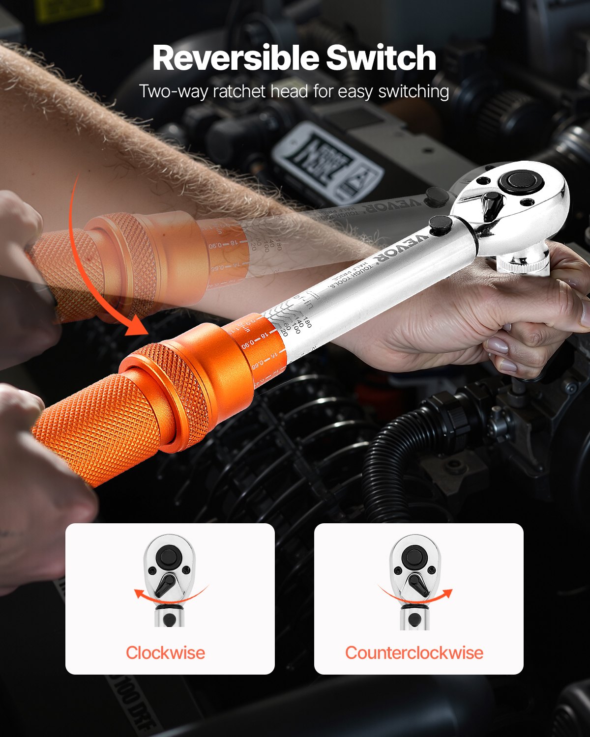 VEVOR Juego de Llaves Dinamométricas de Clic Accionamiento de 1/4" 2,3-22,6 Nm 72 Dientes Escalas de Doble Dirección y Doble Rango con Vasos para Puntas y Barra de Extensión, Color Naranja
