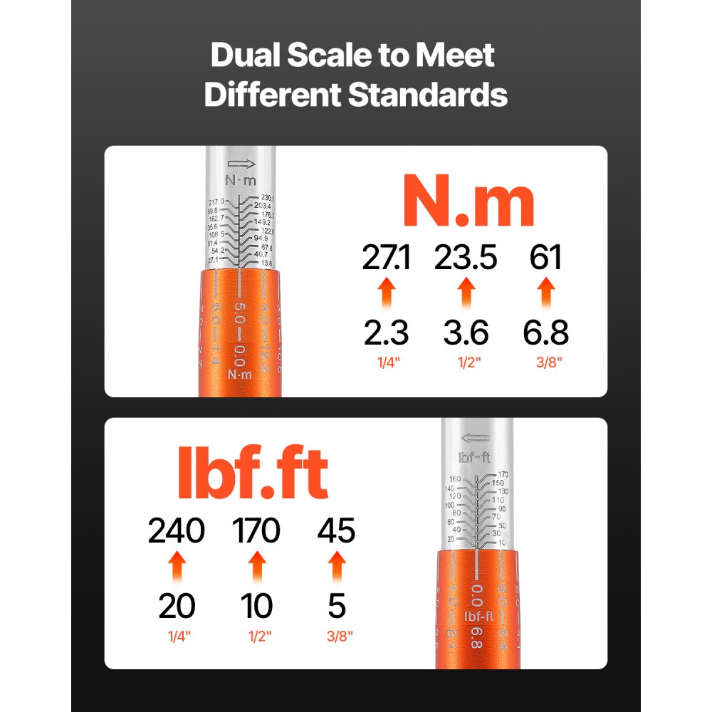 VEVOR 3 PCS Juego de Llaves Dinamométricas de Clic Accionamiento de 1/4", 3/8" y 1/2" 72 Dientes Escalas de Doble Dirección y Doble Rango ±3 % de Alta Precisión para Reparación de Bicicletas