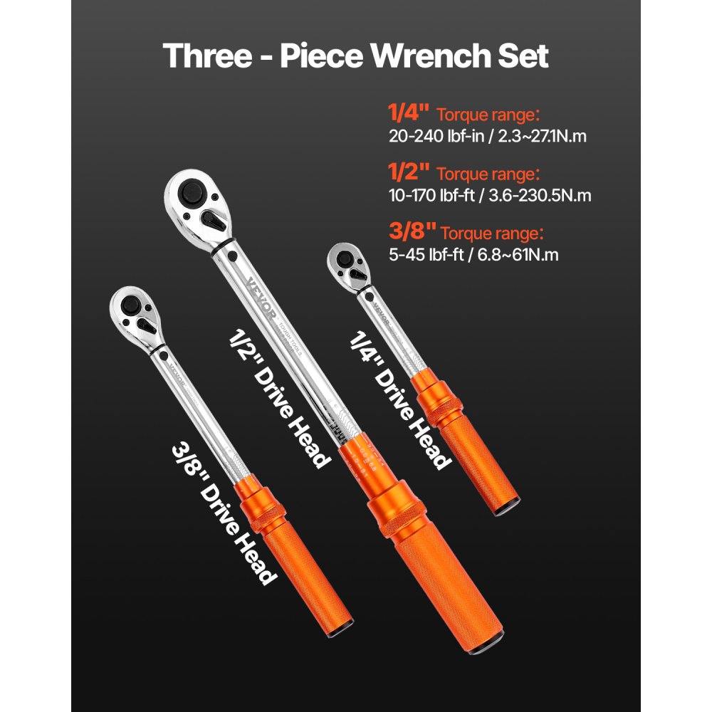 VEVOR 3 PCS Juego de Llaves Dinamométricas de Clic Accionamiento de 1/4", 3/8" y 1/2" 72 Dientes Escalas de Doble Dirección y Doble Rango ±3 % de Alta Precisión para Reparación de Bicicletas