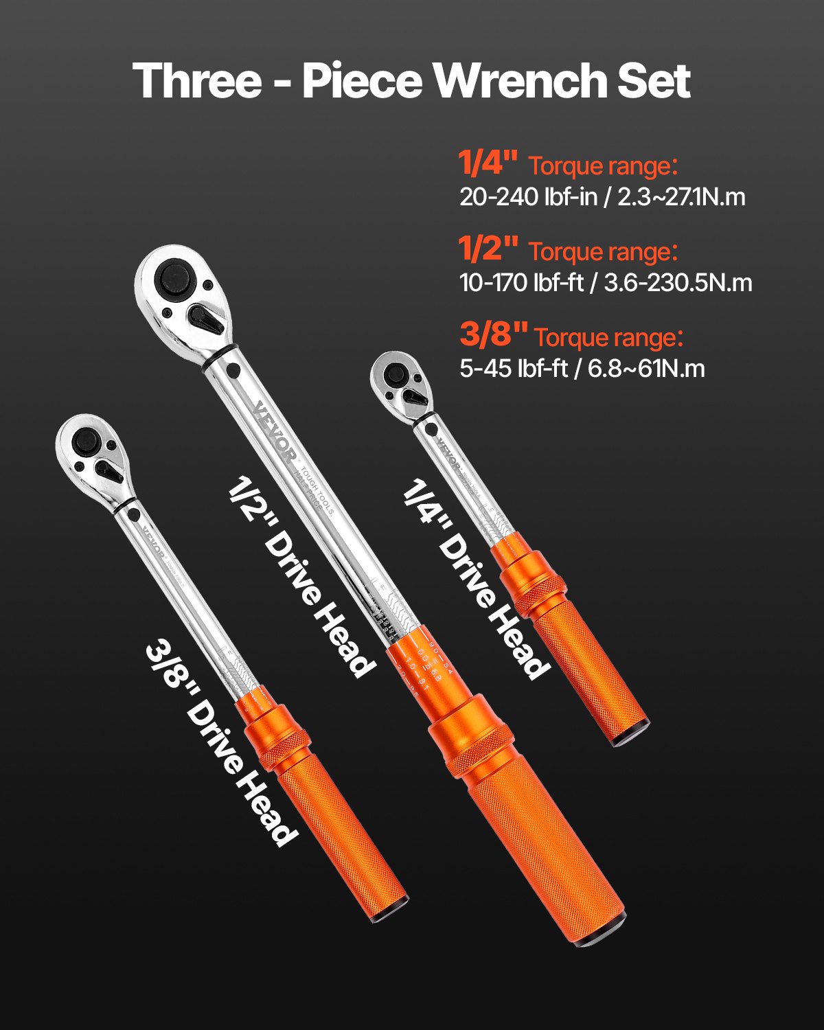 VEVOR 3 PCS Juego de Llaves Dinamométricas de Clic Accionamiento de 1/4", 3/8" y 1/2" 72 Dientes Escalas de Doble Dirección y Doble Rango ±3 % de Alta Precisión para Reparación de Bicicletas