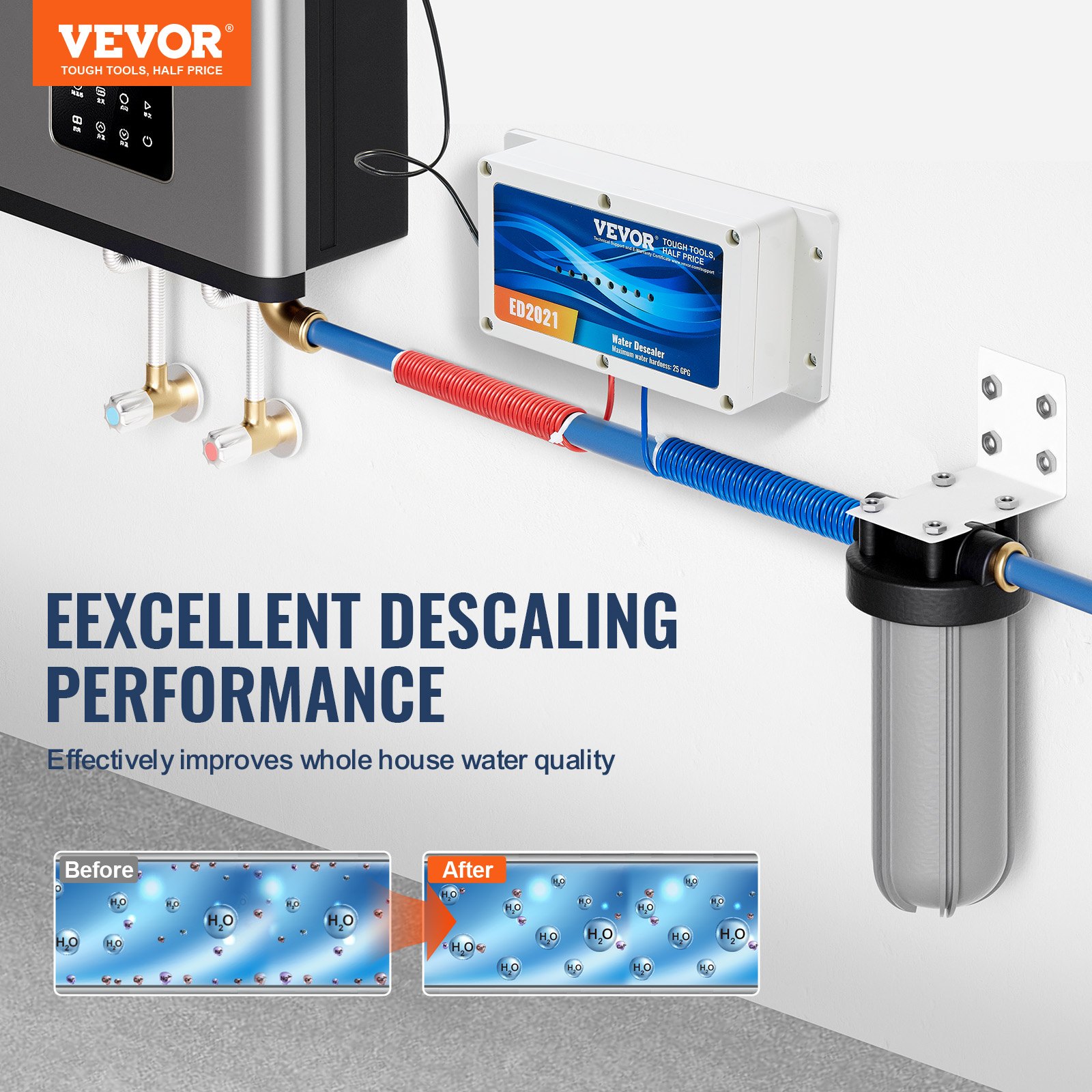 VEVOR Sistema Descalcificador de Agua Electrónico Descalcificador sin Sal para Toda la Casa Acondicionador de Agua Dura para Reducir la Acumulación de Cal para Todo Tipo de Tuberías de Plomería